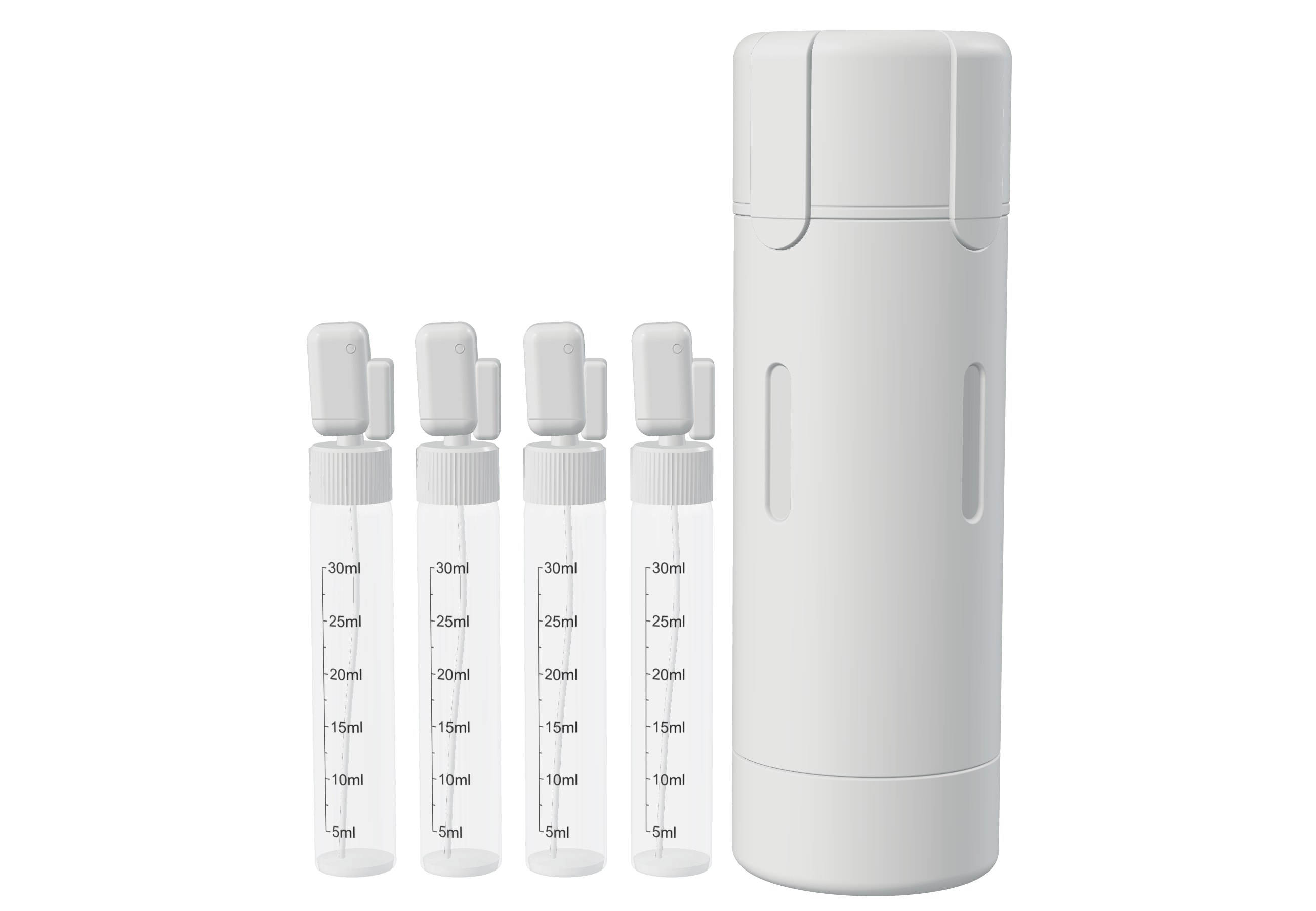 Garrafa Loomé ao lado dos quatro frascos de 30 ml
